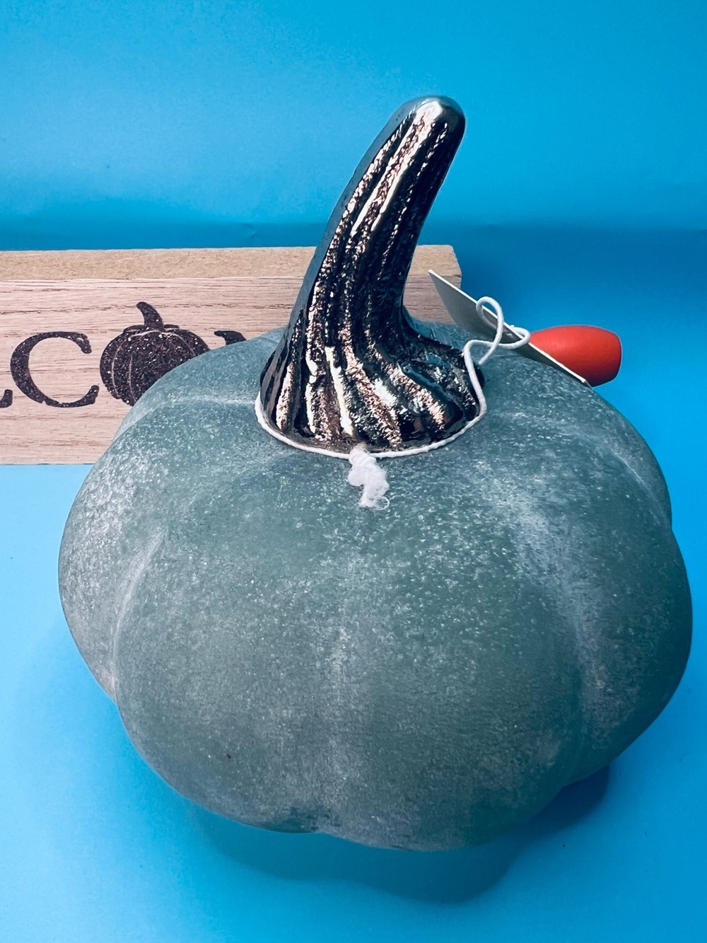Terrain Frosted Stone Blue Glass Pumpkin Centerpiece Silver Stem NIB